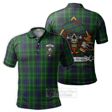 Duncan Tartan Polo Shirt with Family Crest and Bearded Skull Holding Bottles of Whiskey