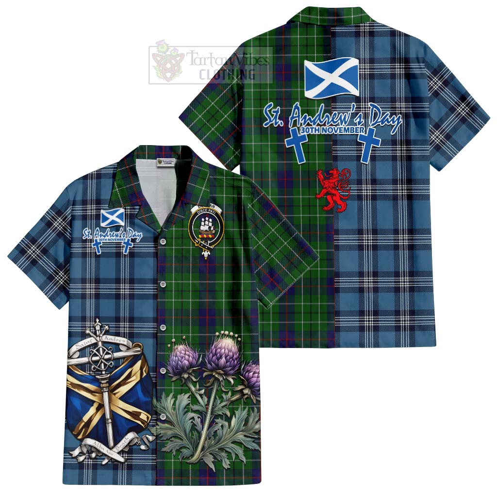 Tartan Vibes Clothing Duncan Tartan Short Sleeve Button Shirt Happy St. Andrew's Day Half Tartan Style