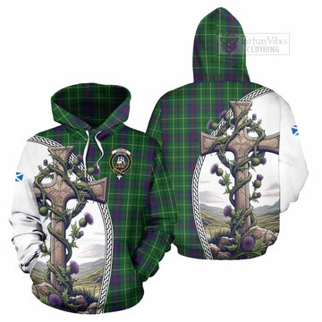 Duncan Tartan Hoodie with Family Crest and St. Andrew's Cross Accented by Thistle Vines