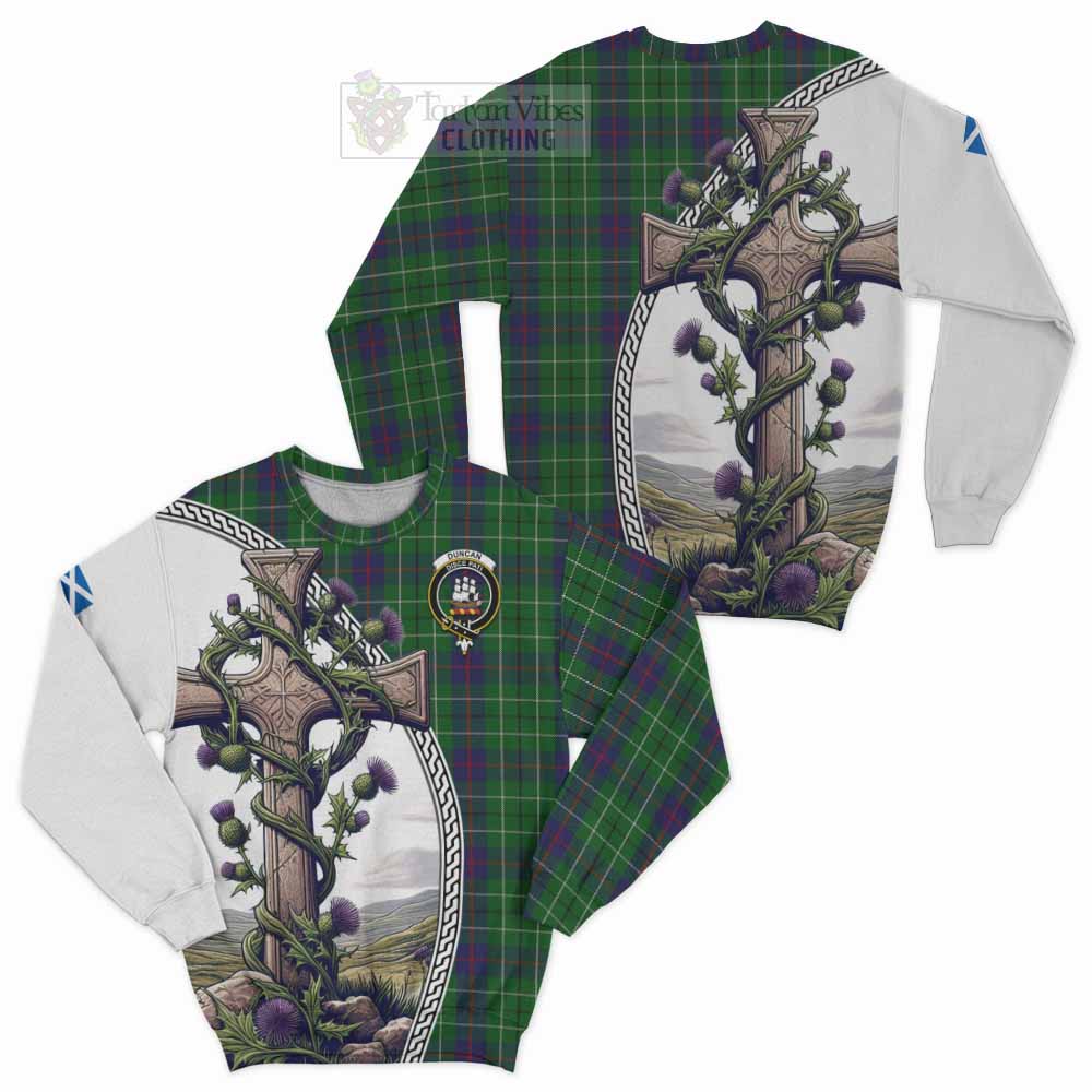 Tartan Vibes Clothing Duncan Tartan Sweatshirt with Family Crest and St. Andrew's Cross Accented by Thistle Vines