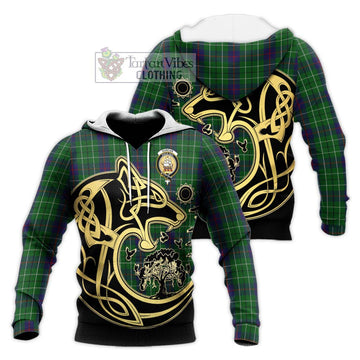 Duncan Tartan Knitted Hoodie with Family Crest Celtic Wolf Style