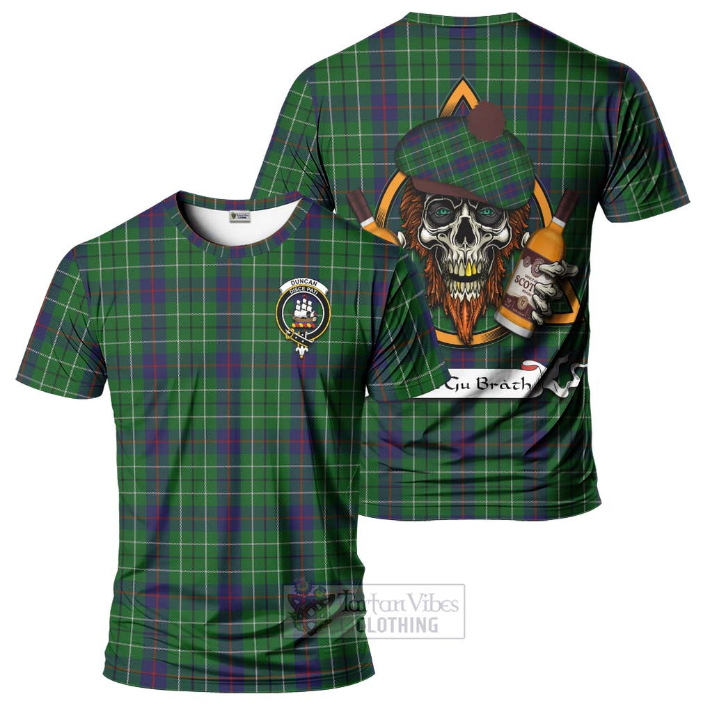 Tartan Vibes Clothing Duncan Tartan T-Shirt with Family Crest and Bearded Skull Holding Bottles of Whiskey