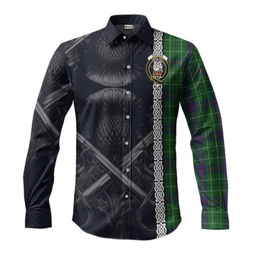 Duncan Tartan Long Sleeve Button Shirt with Family Crest Cross Sword Thistle Celtic Vibes