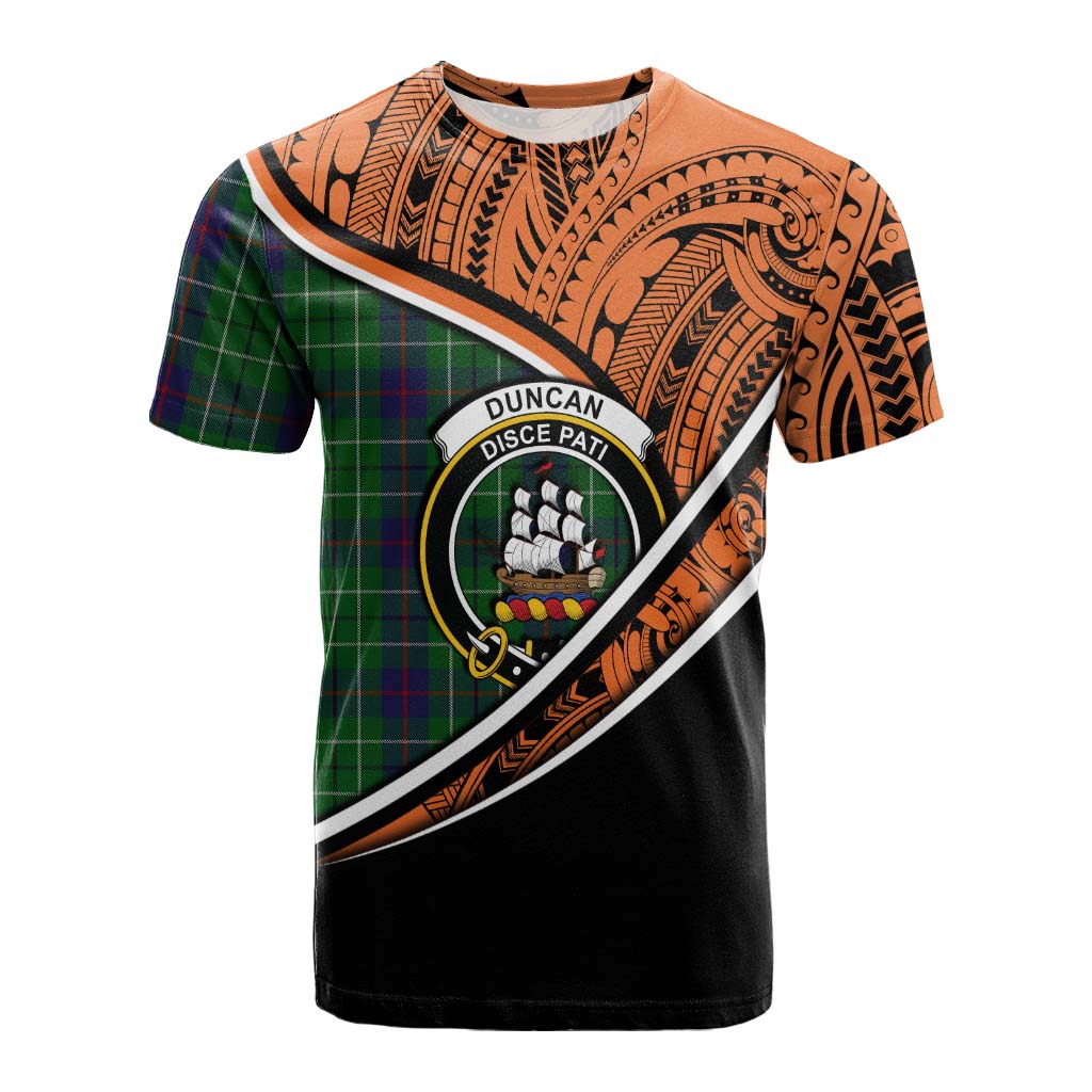 Tartan Vibes Clothing Duncan Crest Tartan Cotton T-shirt with Maori Tattoo Style - Orange Version