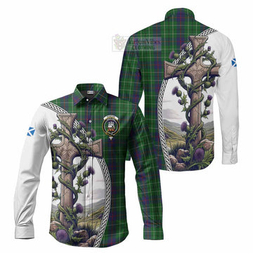 Duncan Tartan Long Sleeve Button Shirt with Family Crest and St. Andrew's Cross Accented by Thistle Vines