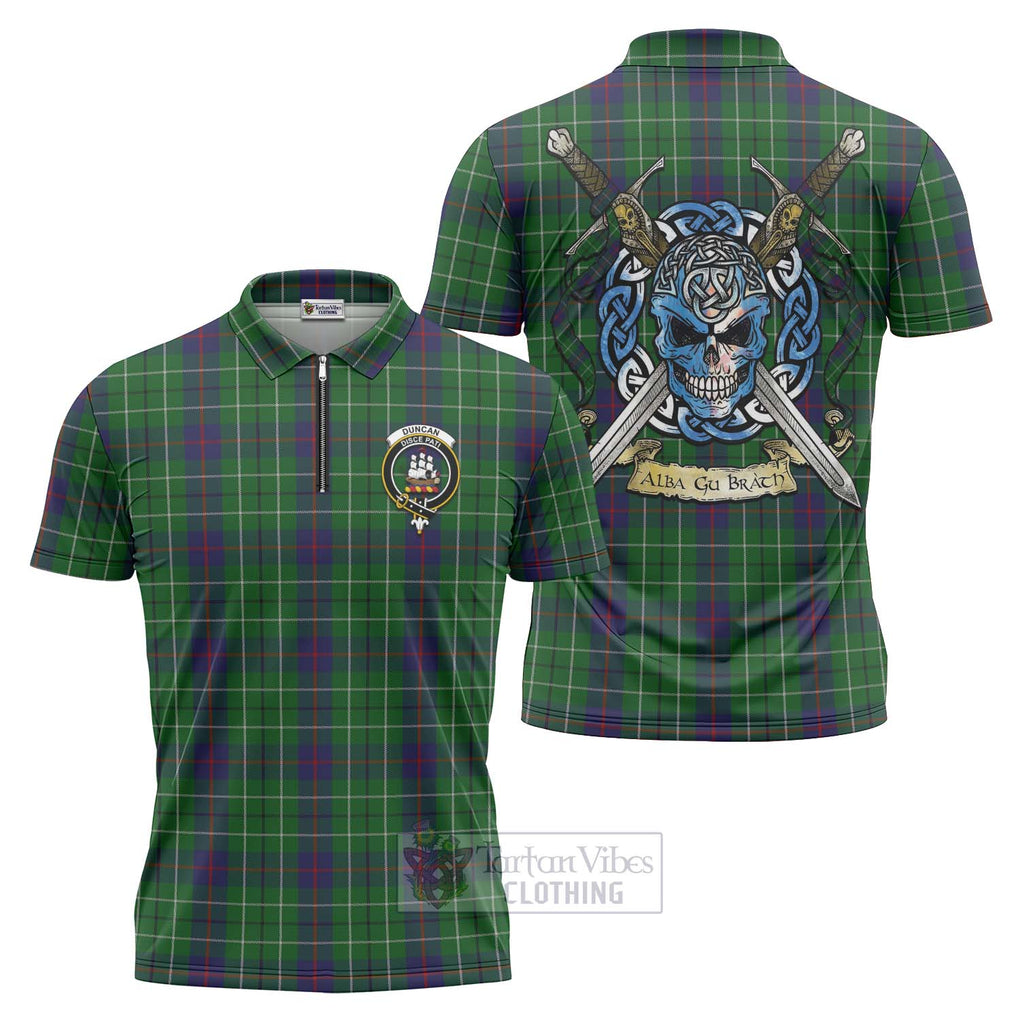 Tartan Vibes Clothing Duncan Tartan Zipper Polo Shirt with Family Crest Celtic Skull Style