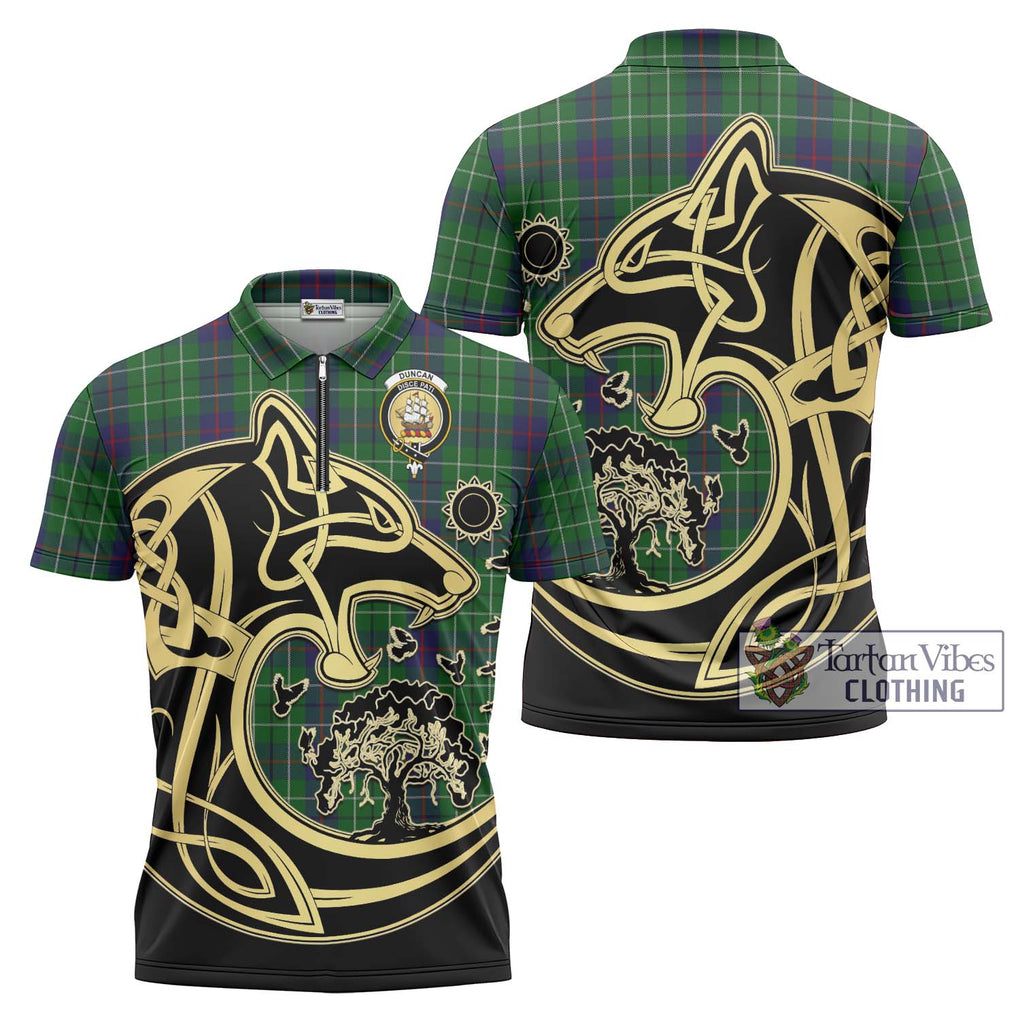 Duncan Tartan Zipper Polo Shirt with Family Crest Celtic Wolf Style Unisex - Tartanvibesclothing Shop