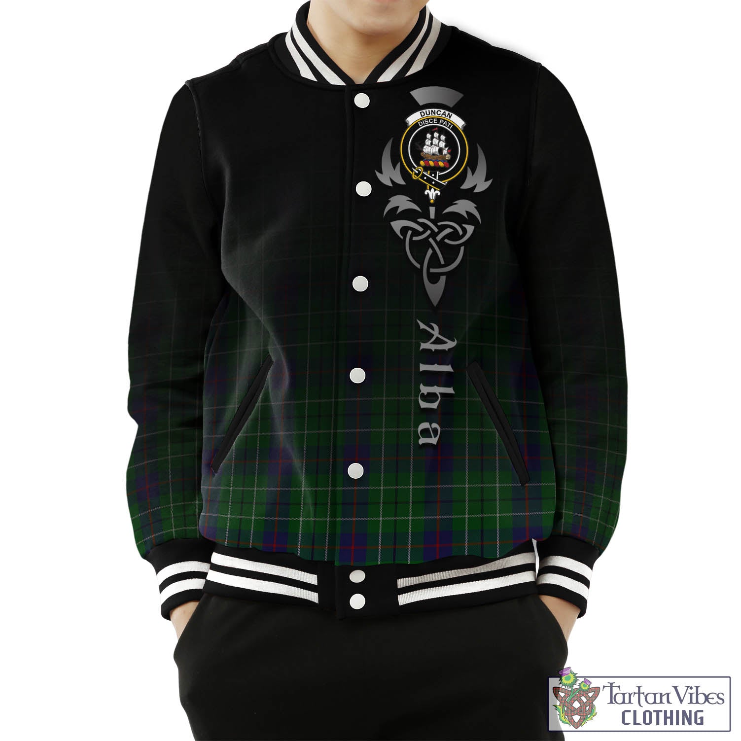 Tartan Vibes Clothing Duncan Tartan Baseball Jacket Featuring Alba Gu Brath Family Crest Celtic Inspired