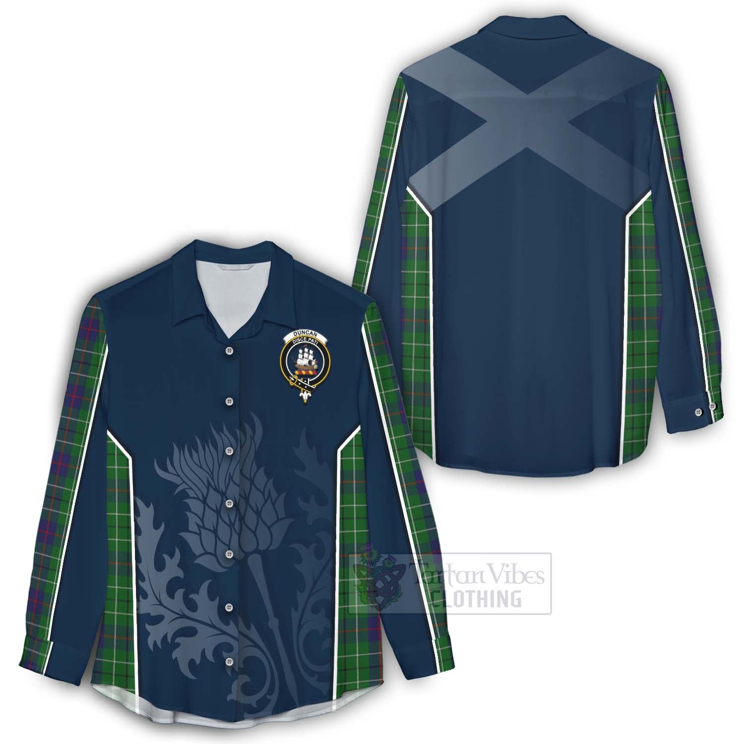 Tartan Vibes Clothing Duncan Tartan Women's Casual Shirt with Family Crest and Scottish Thistle Vibes Sport Style