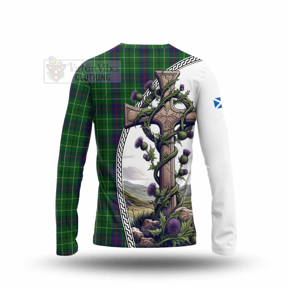 Tartan Vibes Clothing Duncan Tartan Long Sleeve T-Shirt with Family Crest and St. Andrew's Cross Accented by Thistle Vines