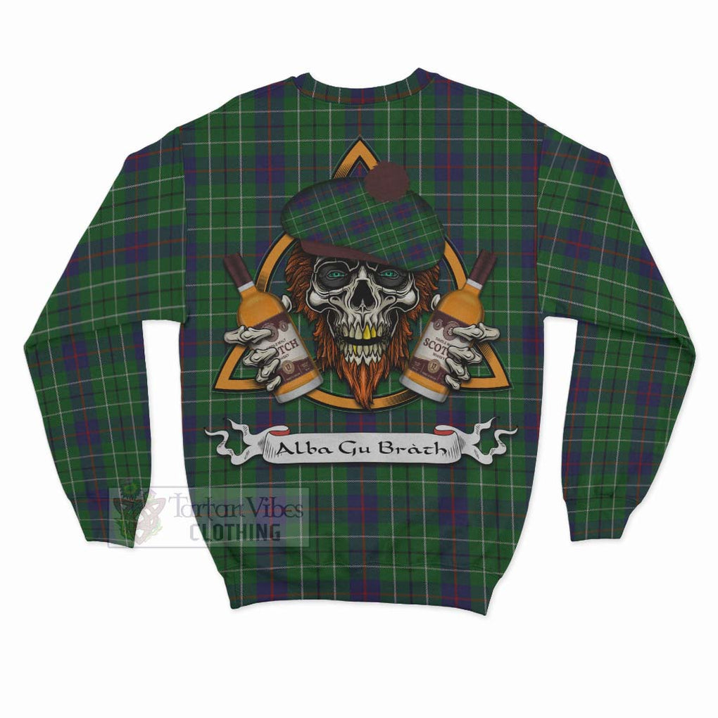 Tartan Vibes Clothing Duncan Tartan Sweatshirt with Family Crest and Bearded Skull Holding Bottles of Whiskey