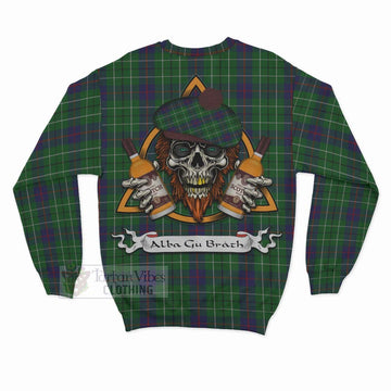 Duncan Tartan Sweatshirt with Family Crest and Bearded Skull Holding Bottles of Whiskey