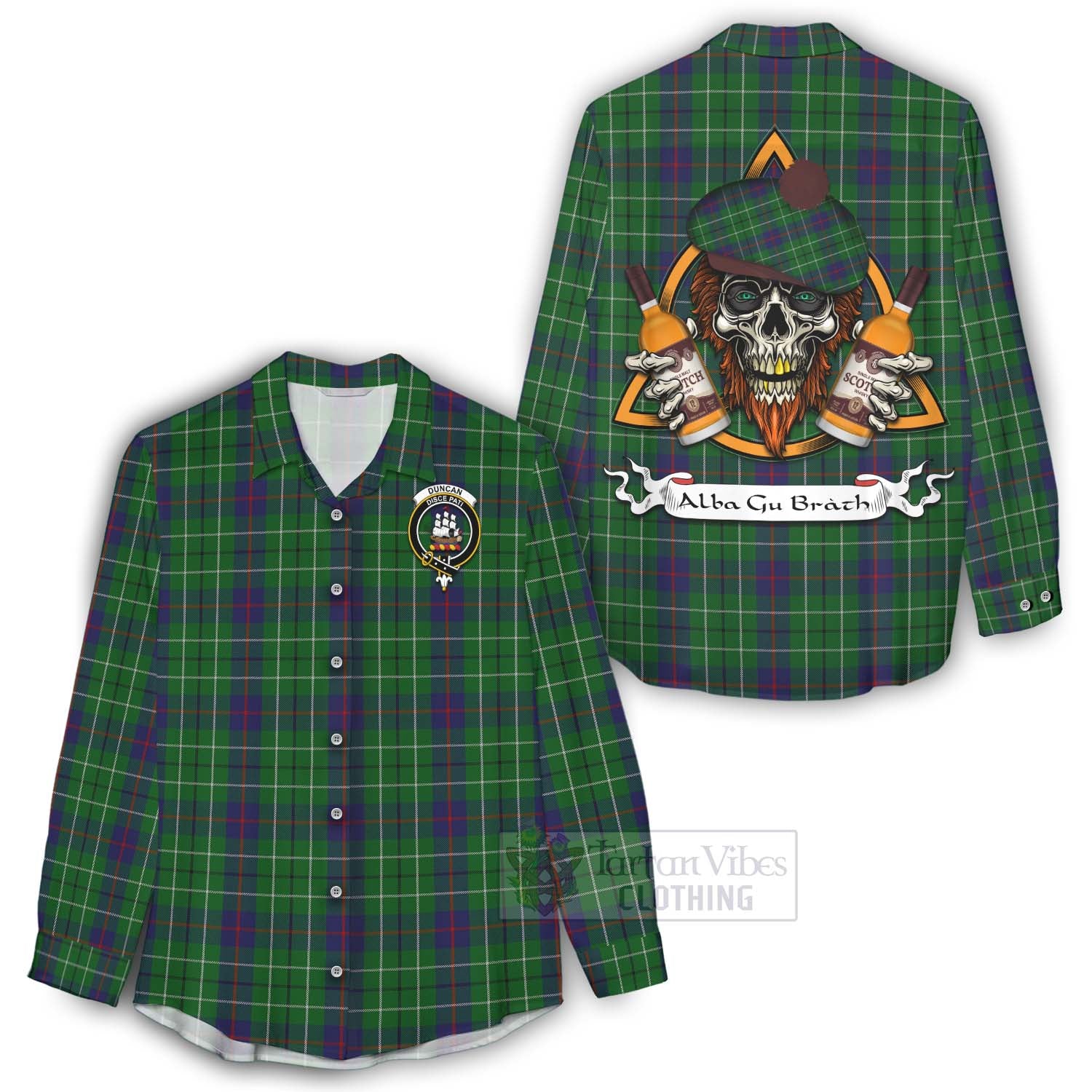 Tartan Vibes Clothing Duncan Tartan Women's Casual Shirt with Family Crest and Bearded Skull Holding Bottles of Whiskey