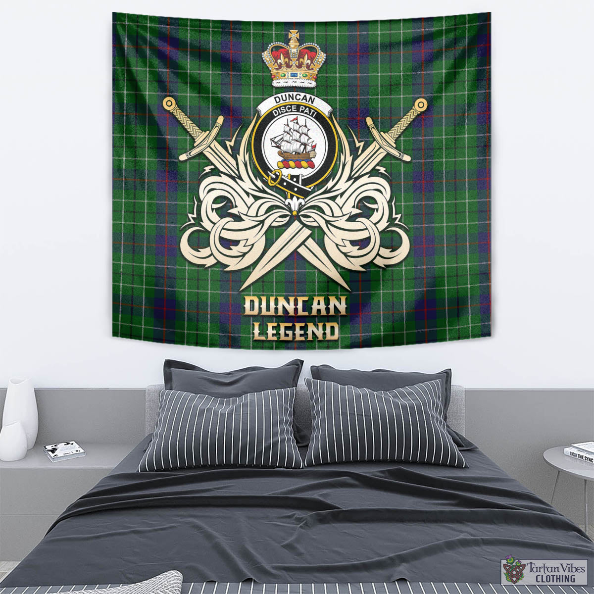 Tartan Vibes Clothing Duncan Tartan Tapestry with Clan Crest and the Golden Sword of Courageous Legacy