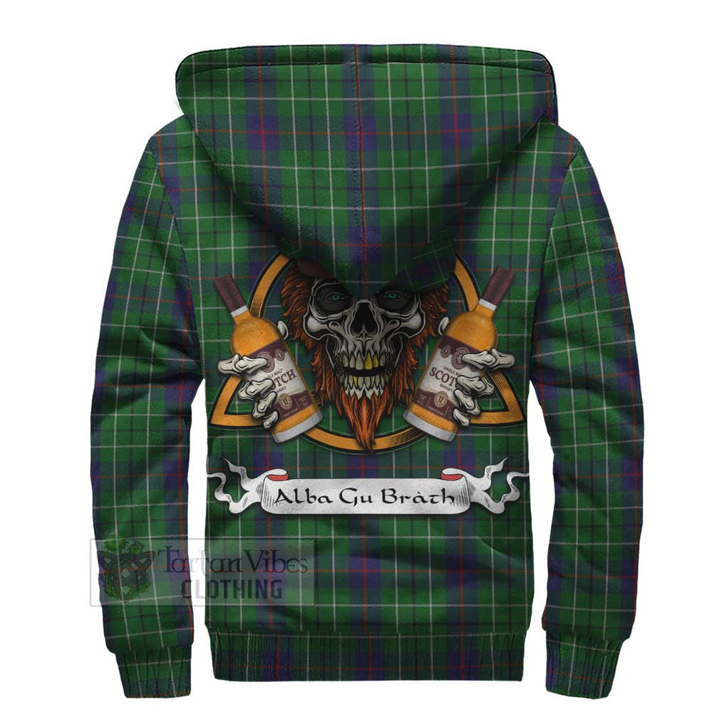 Tartan Vibes Clothing Duncan Tartan Sherpa Hoodie with Family Crest and Bearded Skull Holding Bottles of Whiskey