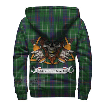 Duncan Tartan Sherpa Hoodie with Family Crest and Bearded Skull Holding Bottles of Whiskey