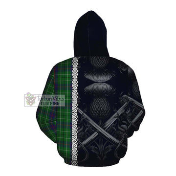 Duncan Tartan Cotton Hoodie with Family Crest Cross Sword Thistle Celtic Vibes