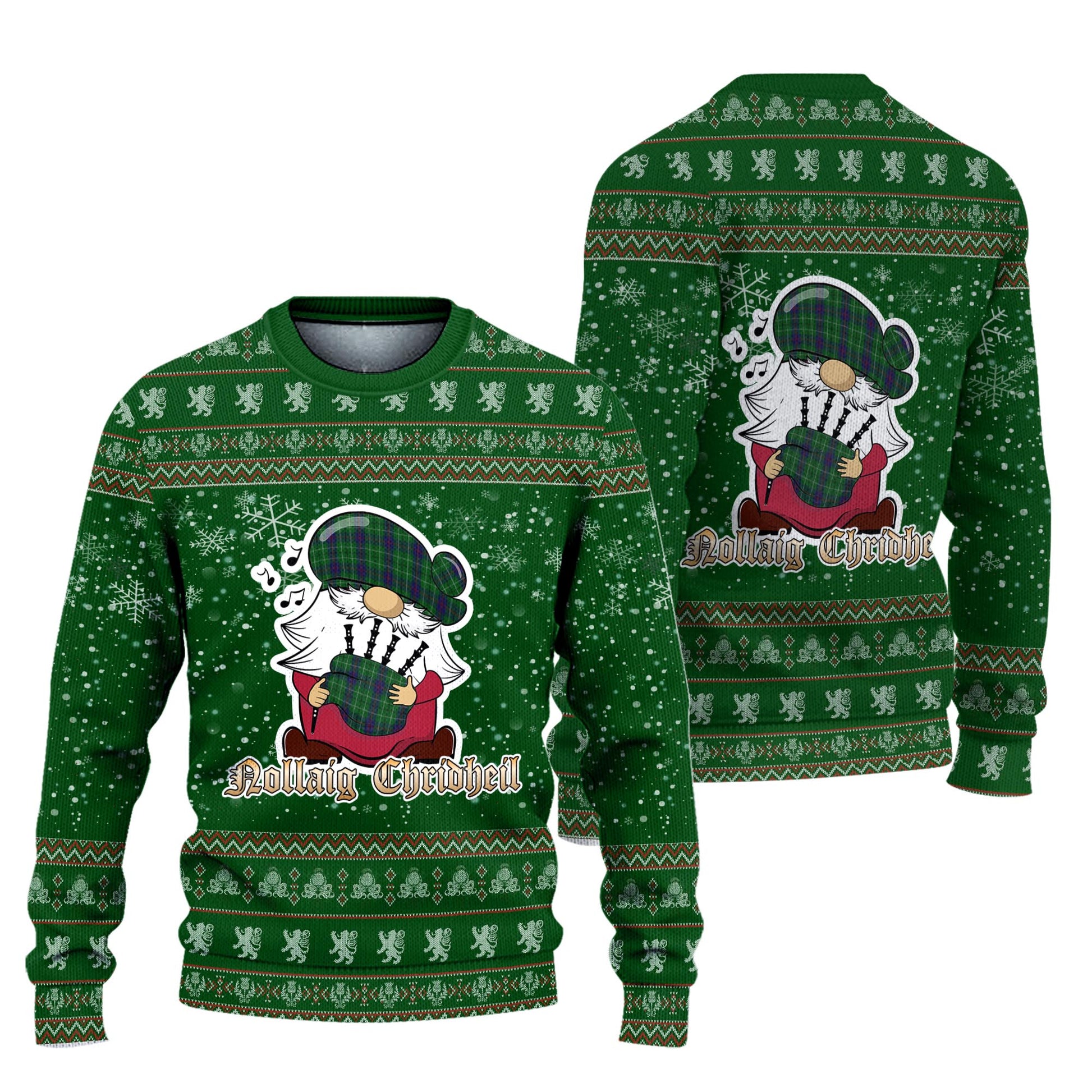 Duncan Clan Christmas Family Knitted Sweater with Funny Gnome Playing Bagpipes Unisex Green - Tartanvibesclothing