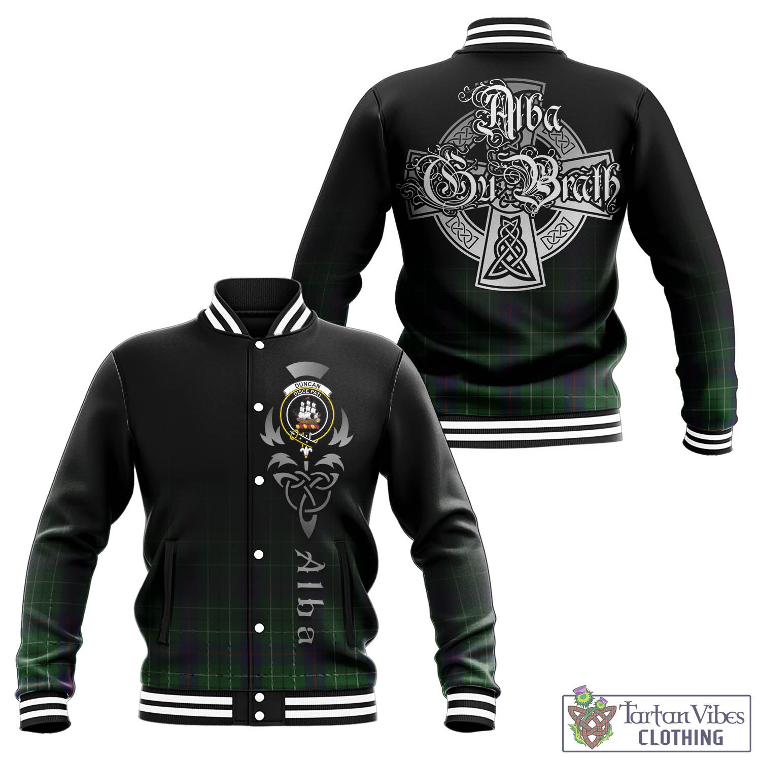 Tartan Vibes Clothing Duncan Tartan Baseball Jacket Featuring Alba Gu Brath Family Crest Celtic Inspired