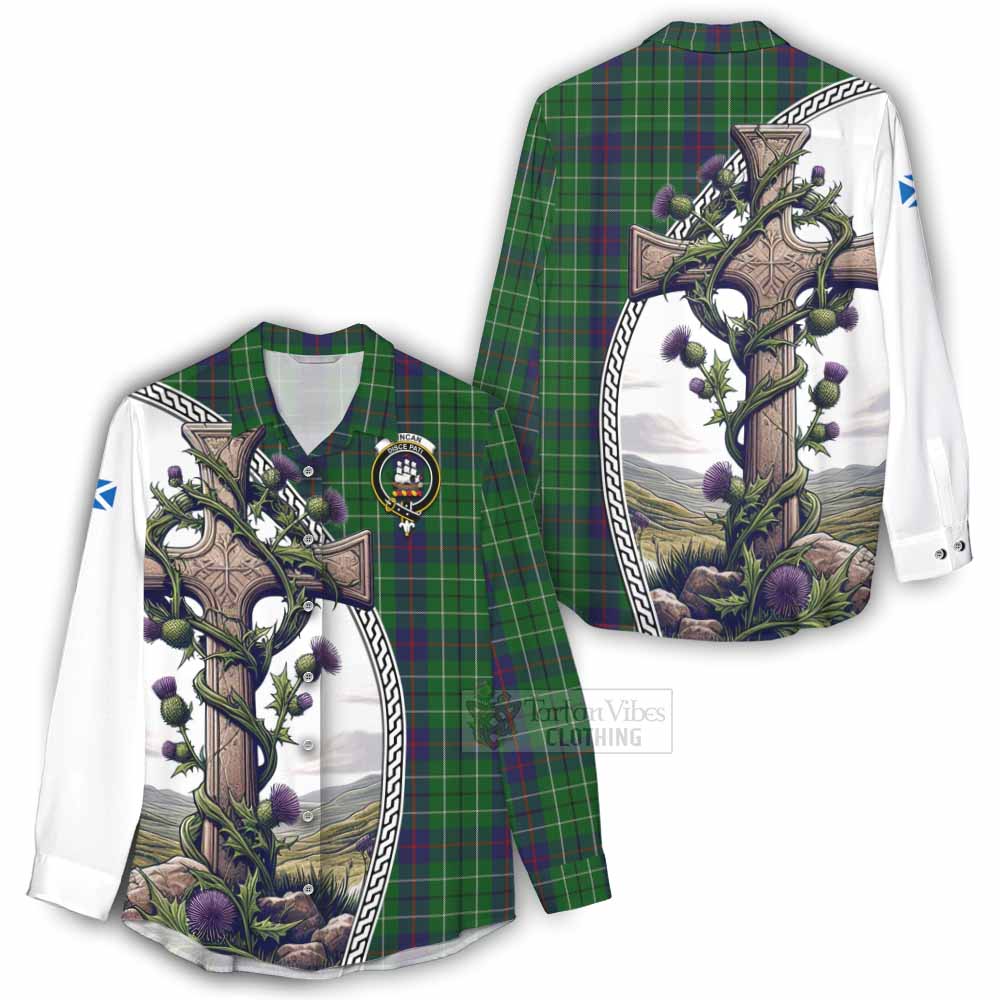 Tartan Vibes Clothing Duncan Tartan Women's Casual Shirt with Family Crest and St. Andrew's Cross Accented by Thistle Vines