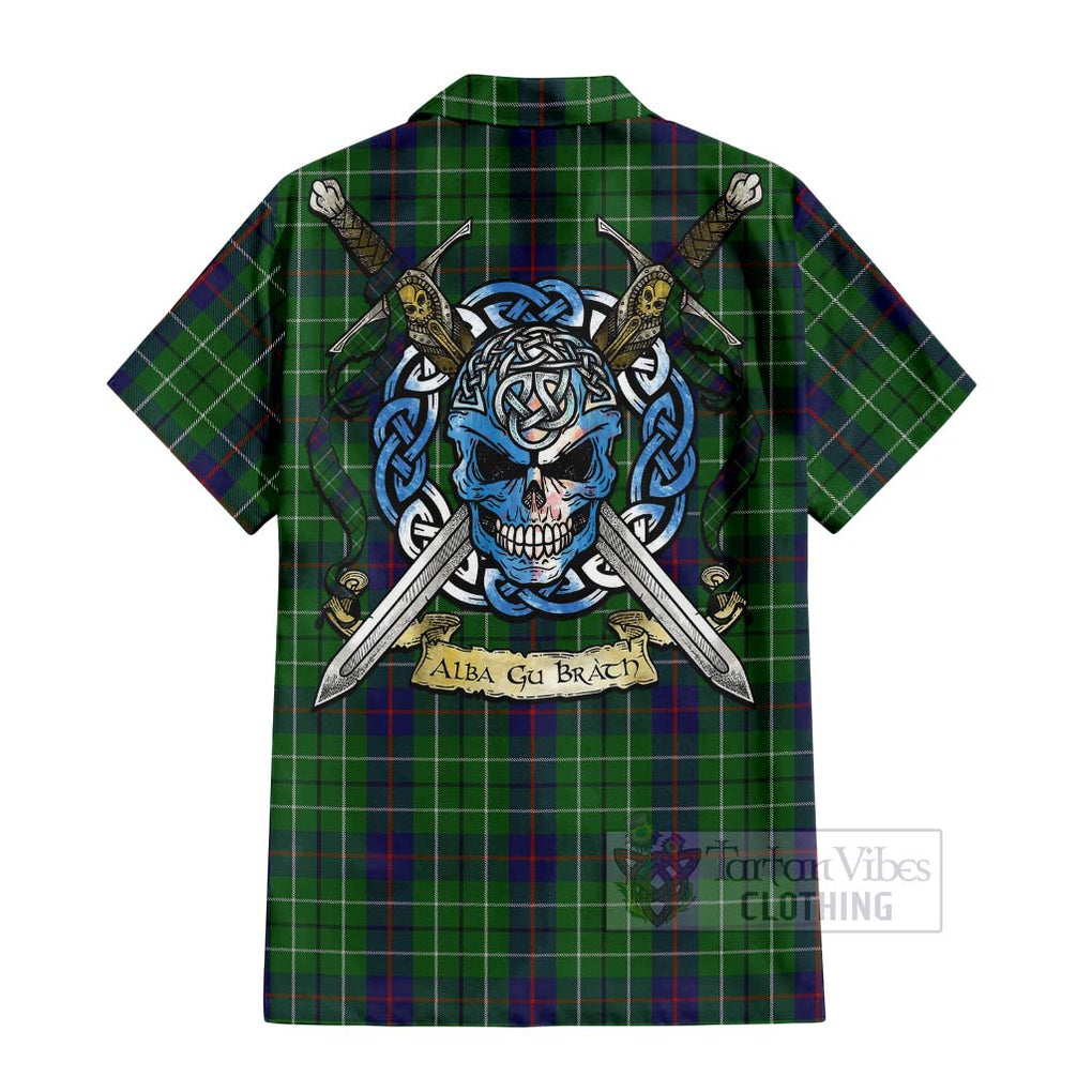 Tartan Vibes Clothing Duncan Tartan Short Sleeve Button Shirt with Family Crest Celtic Skull Style