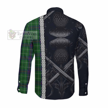 Duncan Tartan Long Sleeve Button Shirt with Family Crest Cross Sword Thistle Celtic Vibes