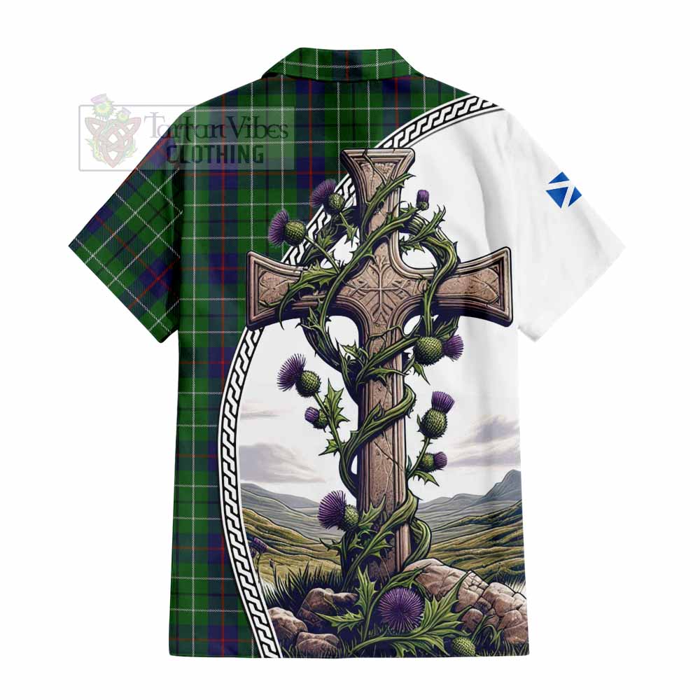 Tartan Vibes Clothing Duncan Tartan Short Sleeve Button Shirt with Family Crest and St. Andrew's Cross Accented by Thistle Vines