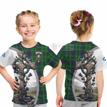 Duncan Tartan Kid T-Shirt with Family Crest and St. Andrew's Cross Accented by Thistle Vines