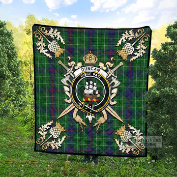 Duncan Tartan Quilt with Family Crest and Golden Thistle Crossed Sword Design