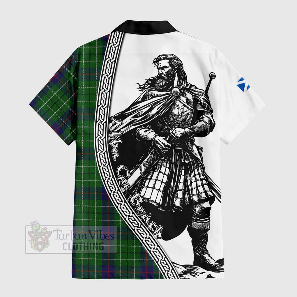 Tartan Vibes Clothing Duncan Tartan Clan Crest Short Sleeve Button Shirt with Highlander Warrior Celtic Style