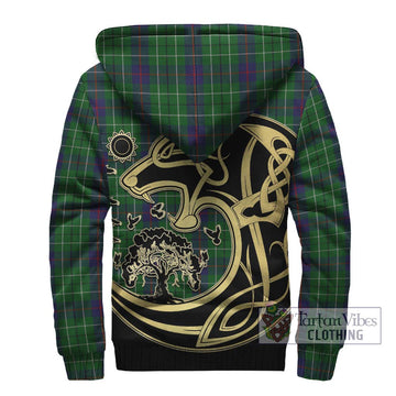 Duncan Tartan Sherpa Hoodie with Family Crest Celtic Wolf Style