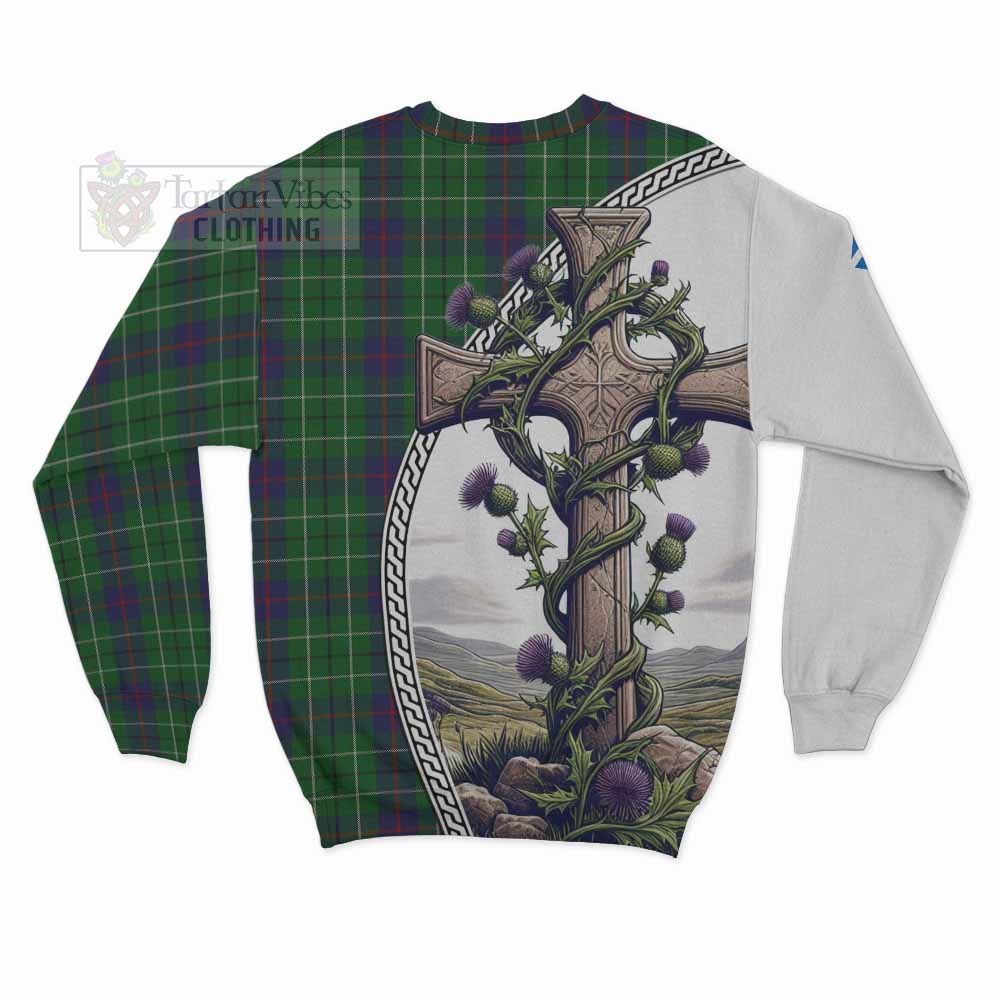 Tartan Vibes Clothing Duncan Tartan Sweatshirt with Family Crest and St. Andrew's Cross Accented by Thistle Vines