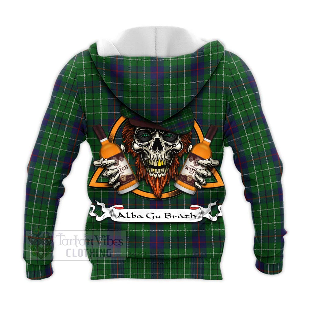 Tartan Vibes Clothing Duncan Tartan Knitted Hoodie with Family Crest and Bearded Skull Holding Bottles of Whiskey