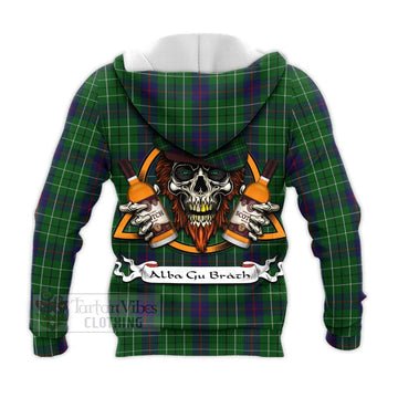 Duncan Tartan Knitted Hoodie with Family Crest and Bearded Skull Holding Bottles of Whiskey