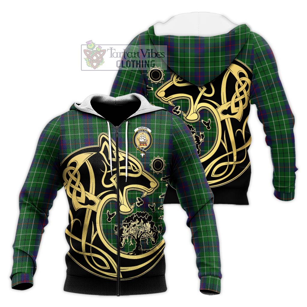 Tartan Vibes Clothing Duncan Tartan Knitted Hoodie with Family Crest Celtic Wolf Style