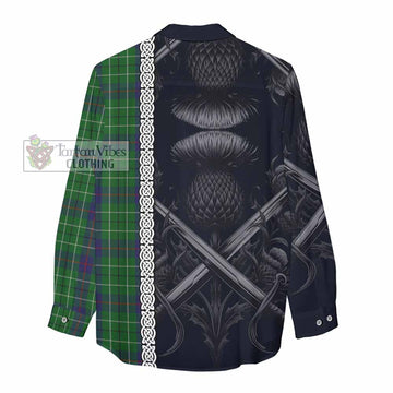 Duncan Tartan Women's Casual Shirt with Family Crest Cross Sword Thistle Celtic Vibes