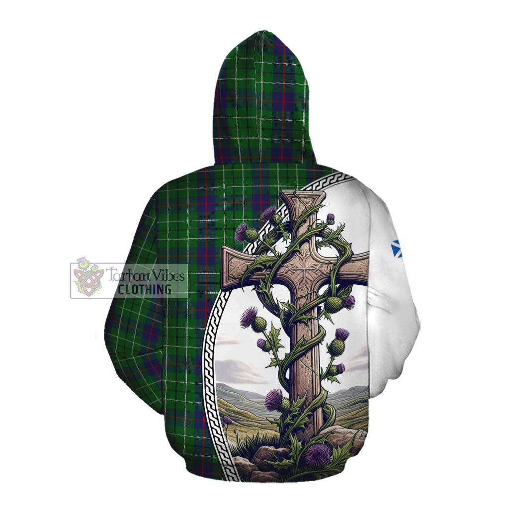 Tartan Vibes Clothing Duncan Tartan Cotton Hoodie with Family Crest and St. Andrew's Cross Accented by Thistle Vines