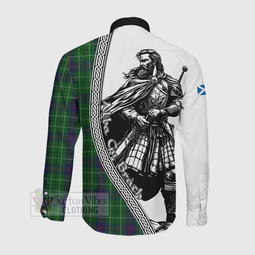 Tartan Vibes Clothing Duncan Tartan Clan Crest Long Sleeve Button Shirt with Highlander Warrior Celtic Style