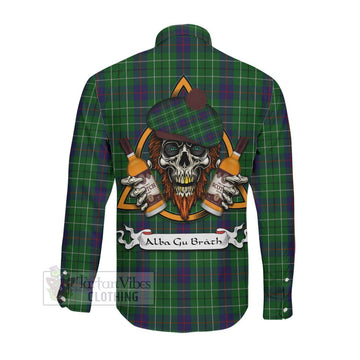 Duncan Tartan Long Sleeve Button Shirt with Family Crest and Bearded Skull Holding Bottles of Whiskey