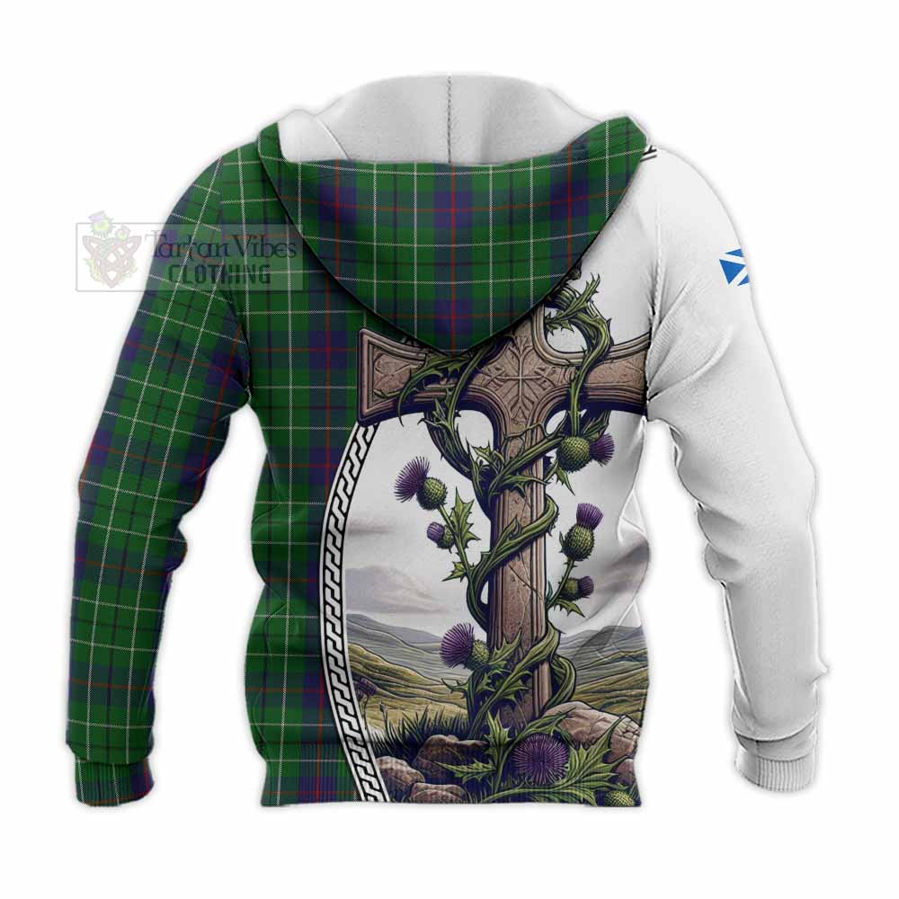 Tartan Vibes Clothing Duncan Tartan Knitted Hoodie with Family Crest and St. Andrew's Cross Accented by Thistle Vines