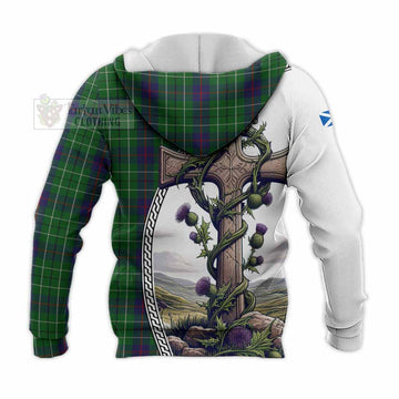 Duncan Tartan Knitted Hoodie with Family Crest and St. Andrew's Cross Accented by Thistle Vines