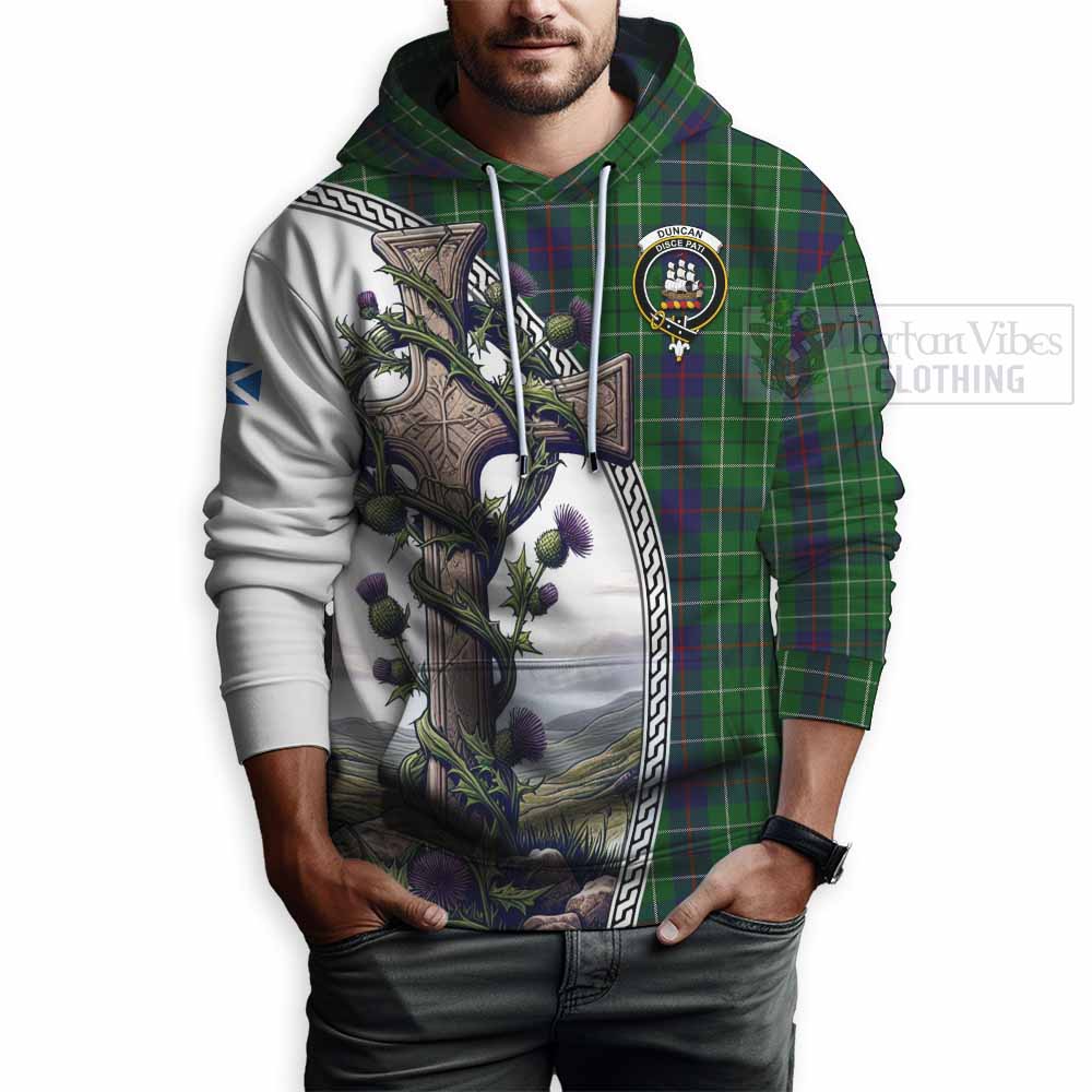 Tartan Vibes Clothing Duncan Tartan Hoodie with Family Crest and St. Andrew's Cross Accented by Thistle Vines