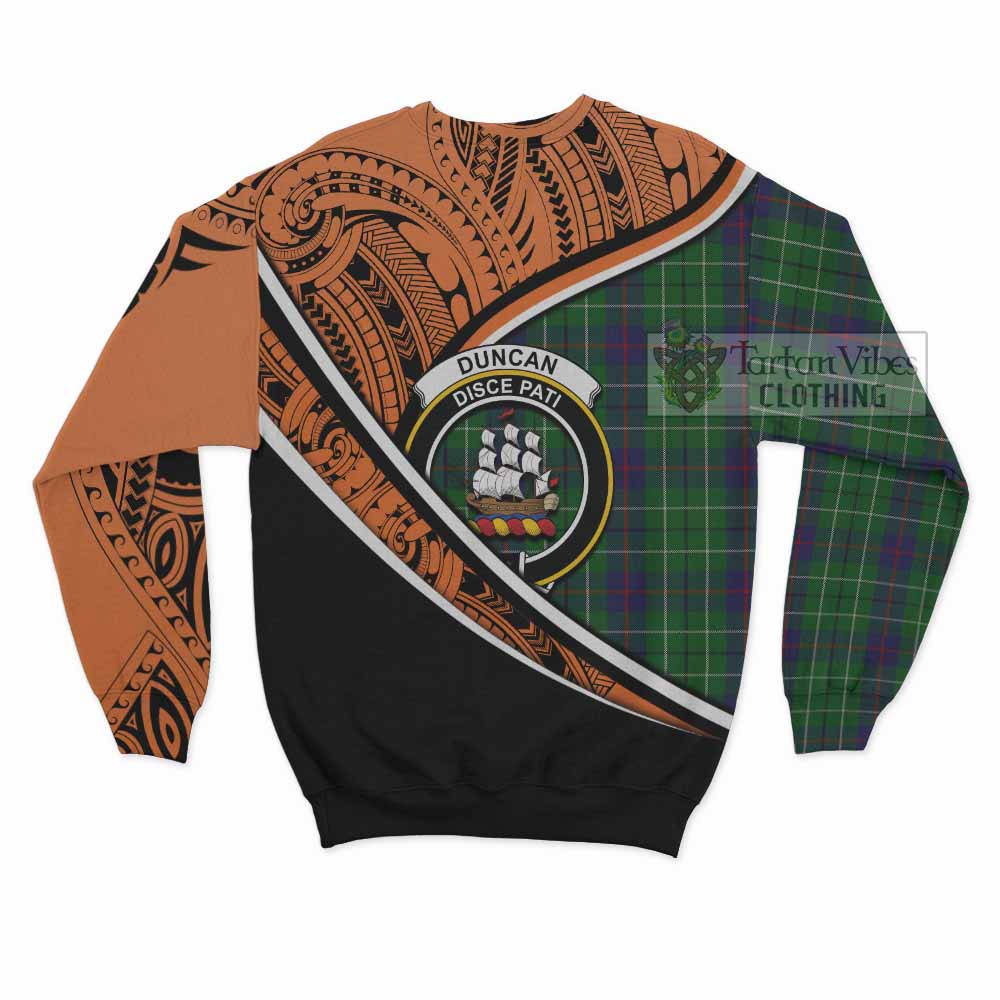 Tartan Vibes Clothing Duncan Crest Tartan Sweatshirt with Maori Tattoo Style - Orange Version