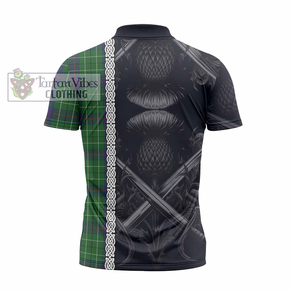 Tartan Vibes Clothing Duncan Tartan Zipper Polo Shirt with Family Crest Cross Sword Thistle Celtic Vibes