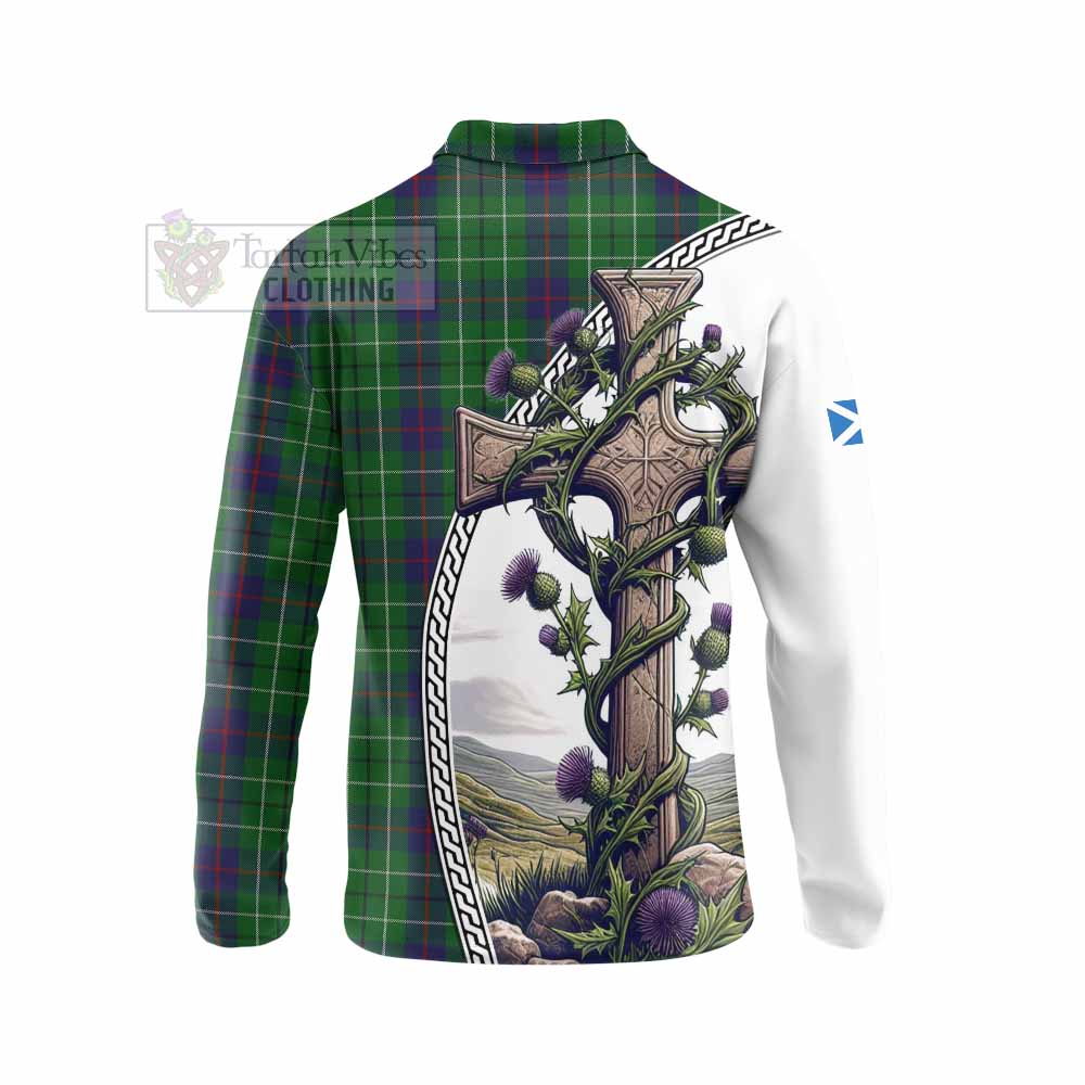 Tartan Vibes Clothing Duncan Tartan Long Sleeve Polo Shirt with Family Crest and St. Andrew's Cross Accented by Thistle Vines