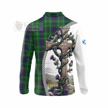 Duncan Tartan Long Sleeve Polo Shirt with Family Crest and St. Andrew's Cross Accented by Thistle Vines