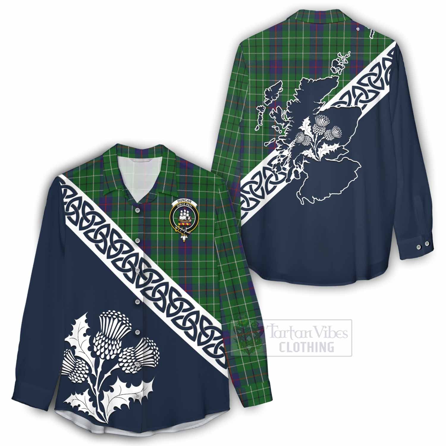 Tartan Vibes Clothing Duncan Tartan Women's Casual Shirt Featuring Thistle and Scotland Map