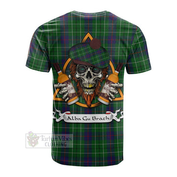 Duncan Tartan Cotton T-shirt with Family Crest and Bearded Skull Holding Bottles of Whiskey