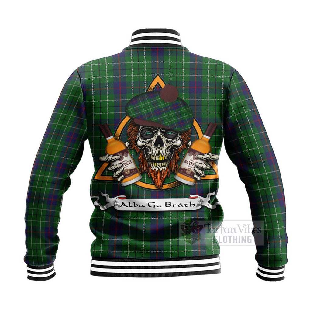 Tartan Vibes Clothing Duncan Tartan Baseball Jacket with Family Crest and Bearded Skull Holding Bottles of Whiskey