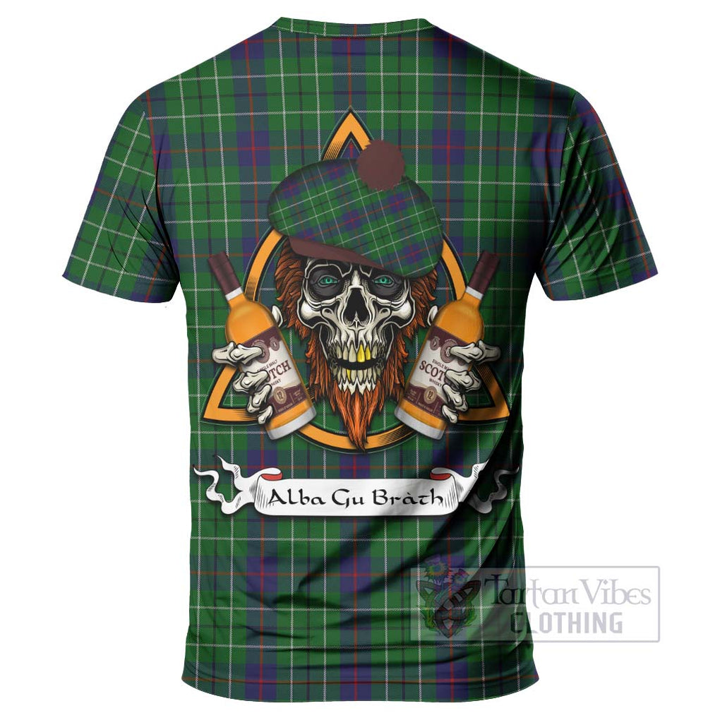 Tartan Vibes Clothing Duncan Tartan T-Shirt with Family Crest and Bearded Skull Holding Bottles of Whiskey